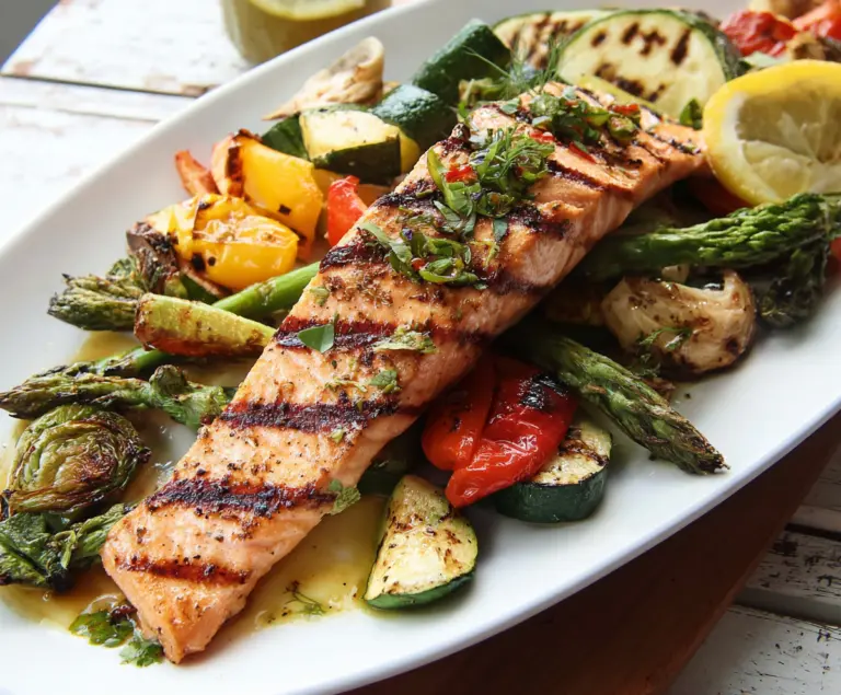 Delicious grilled salmon served with roasted vegetables on a plate, perfect for a healthy meal.