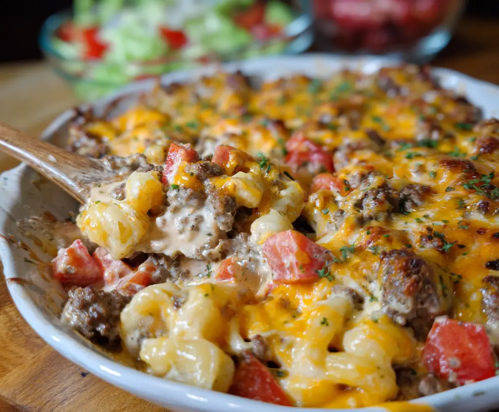 Delicious Hamburger Supreme Casserole with melted cheese and savory ground beef in a baking dish