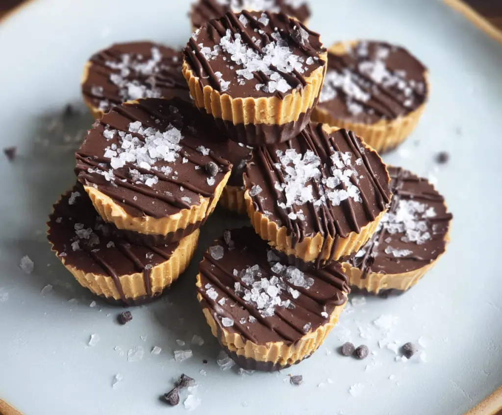 Delicious homemade healthy peanut butter cups made with just three ingredients on a white plate.