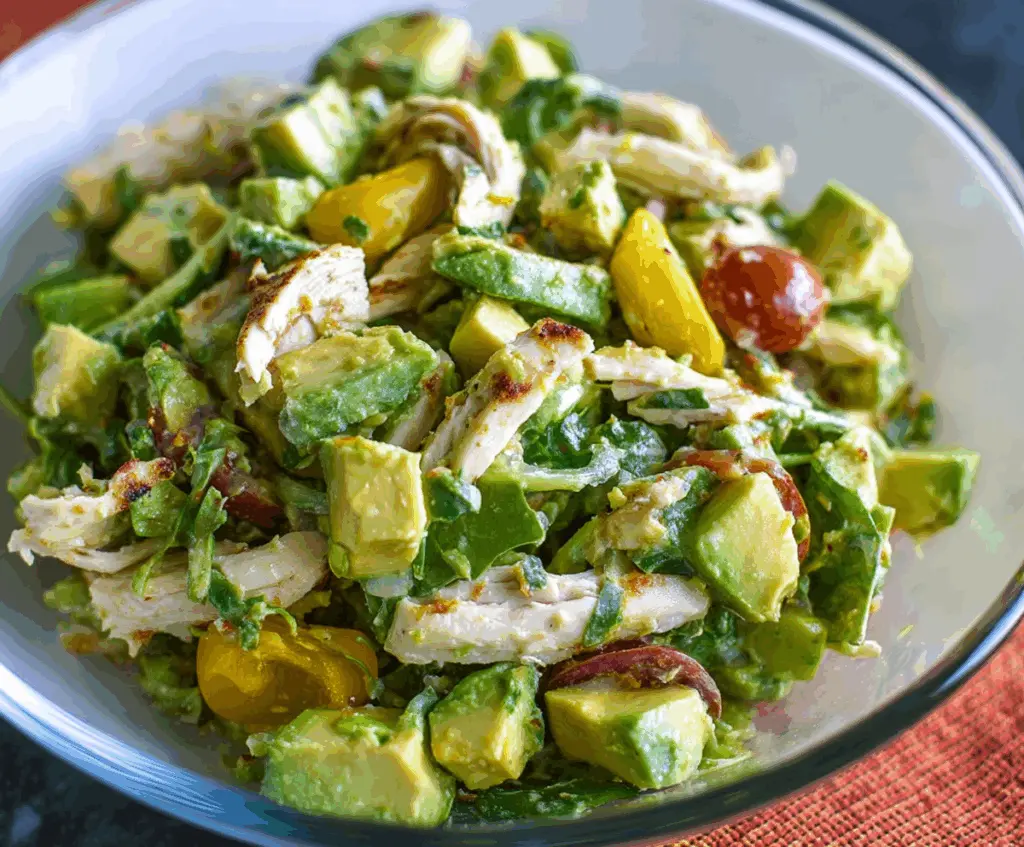 Healthy avocado chicken salad served in a white bowl with fresh greens and cherry tomatoes.