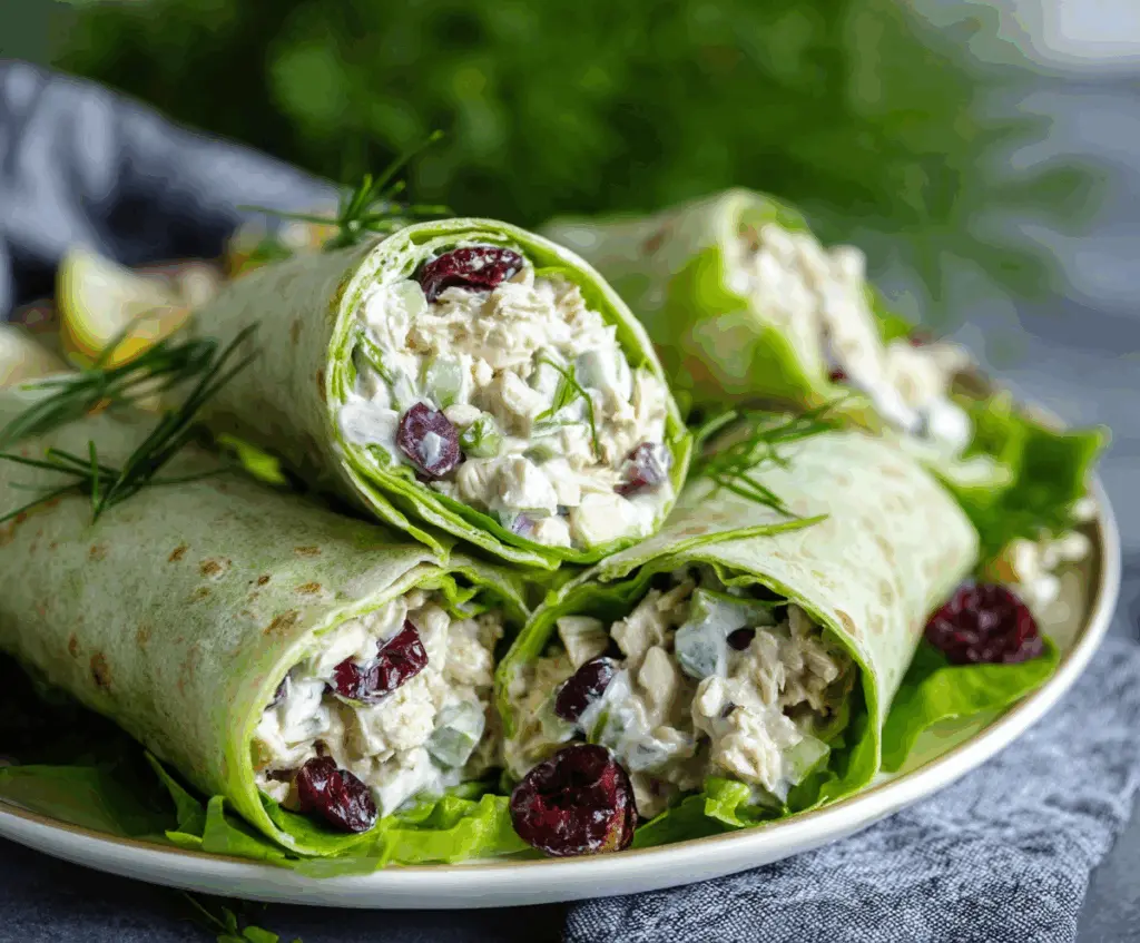 Healthy chicken salad wraps with fresh vegetables and whole wheat tortillas
