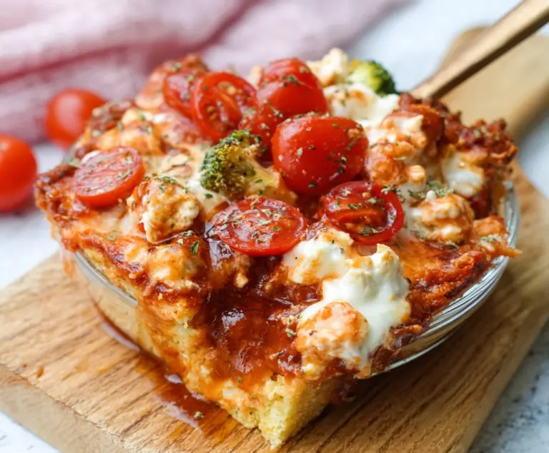 Healthy cottage cheese pizza bowl with fresh vegetables and colorful toppings.