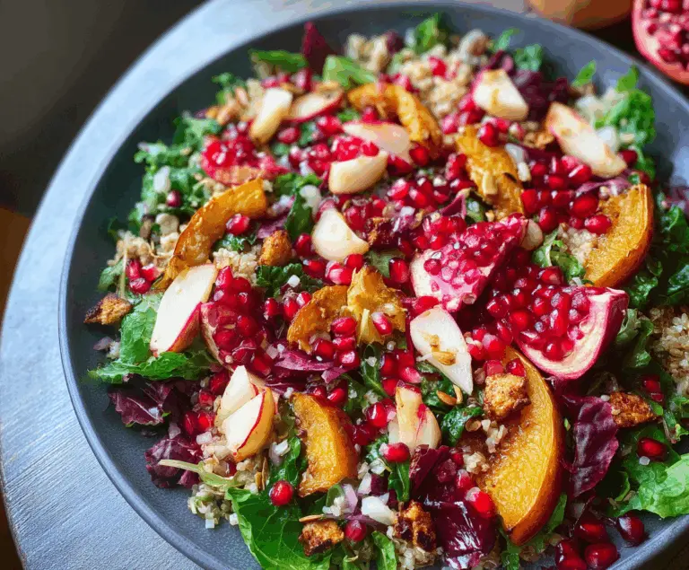 Colorful winter salad with fresh greens, pomegranate seeds, and nuts, perfect for a healthy meal.