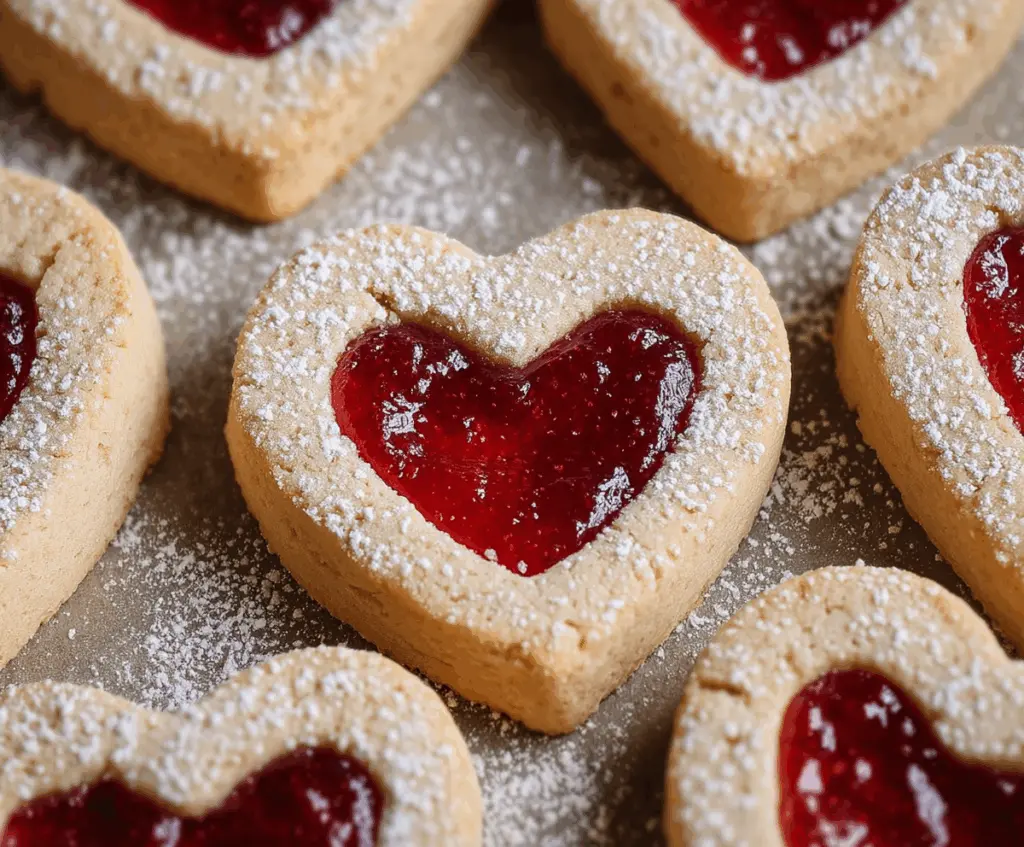 Delicious heart-shaped jam cookies with sweet raspberry filling and golden-brown crust
