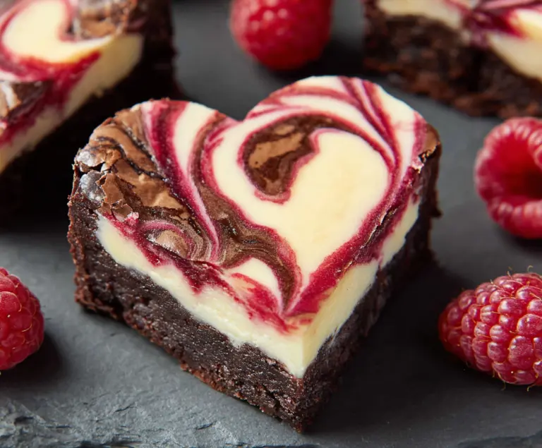 Delicious heart-shaped brownies with vibrant raspberry swirl and creamy cheesecake topping.