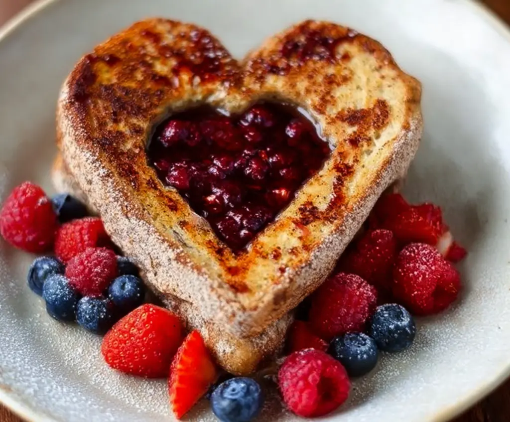Delicious heart-shaped French toast topped with vibrant berry compote for a romantic breakfast.