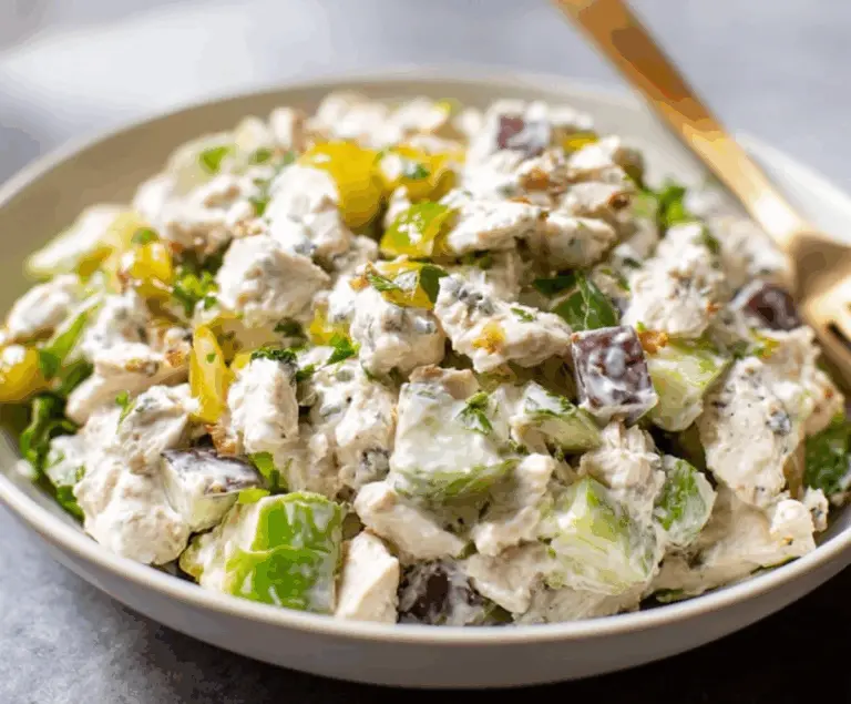 High protein cottage cheese chicken salad with banana peppers served in a bowl for a healthy meal.
