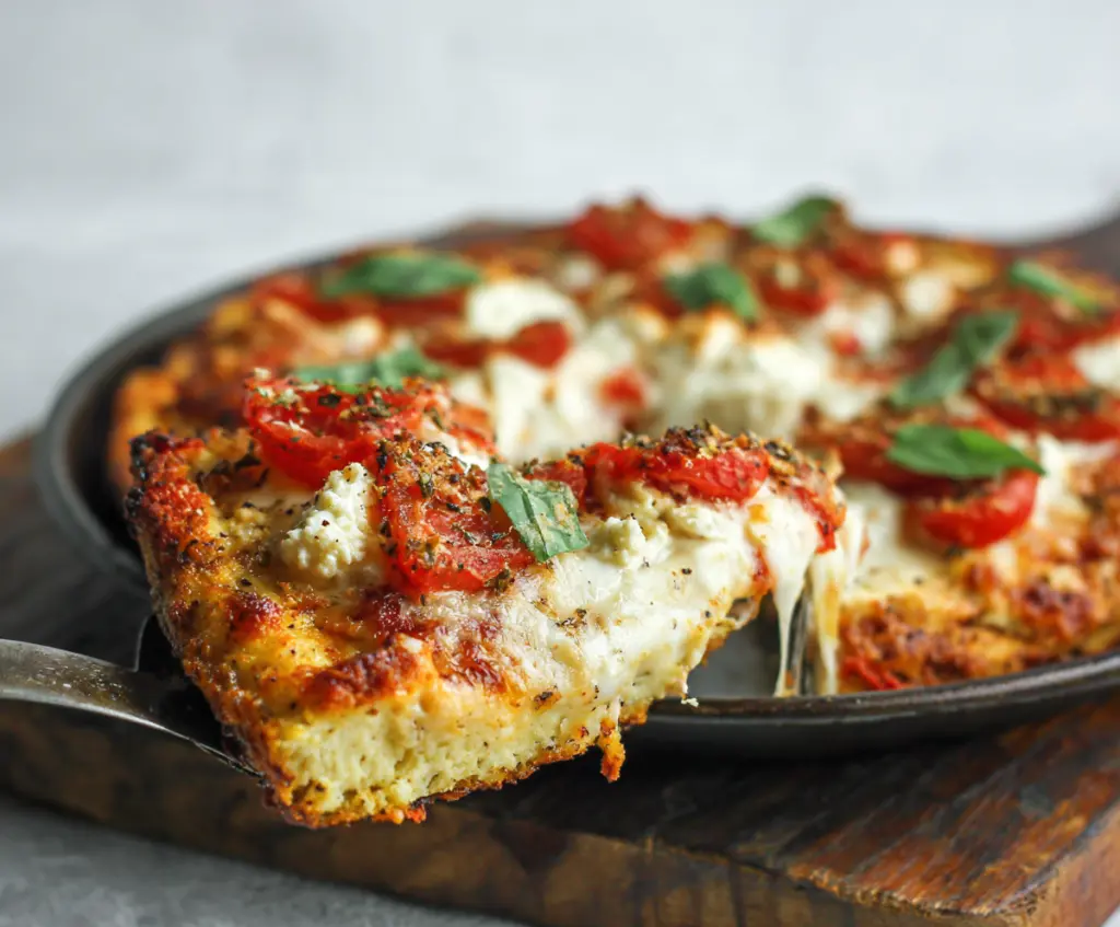 High protein cottage cheese pizza with fresh toppings and a crispy crust