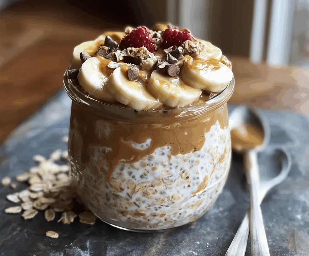 Creamy high-protein peanut butter overnight oats in a glass jar garnished with banana slices and chia seeds.