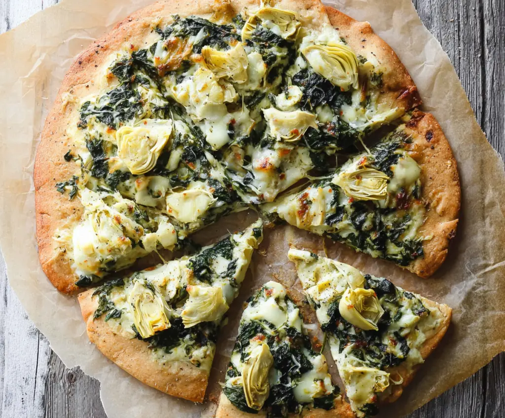 Delicious high protein spinach artichoke pizza with crispy crust and fresh toppings