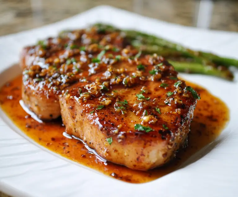 Juicy honey garlic pork chops cooked to perfection on a wooden table.