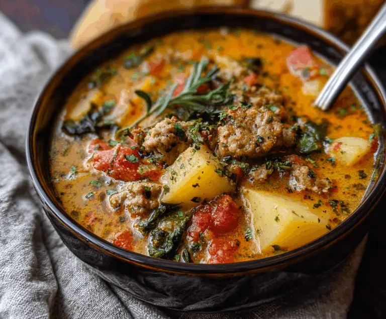 Warm Italian Sausage Potato Soup in a bowl with herbs, perfect for cozy dinners.