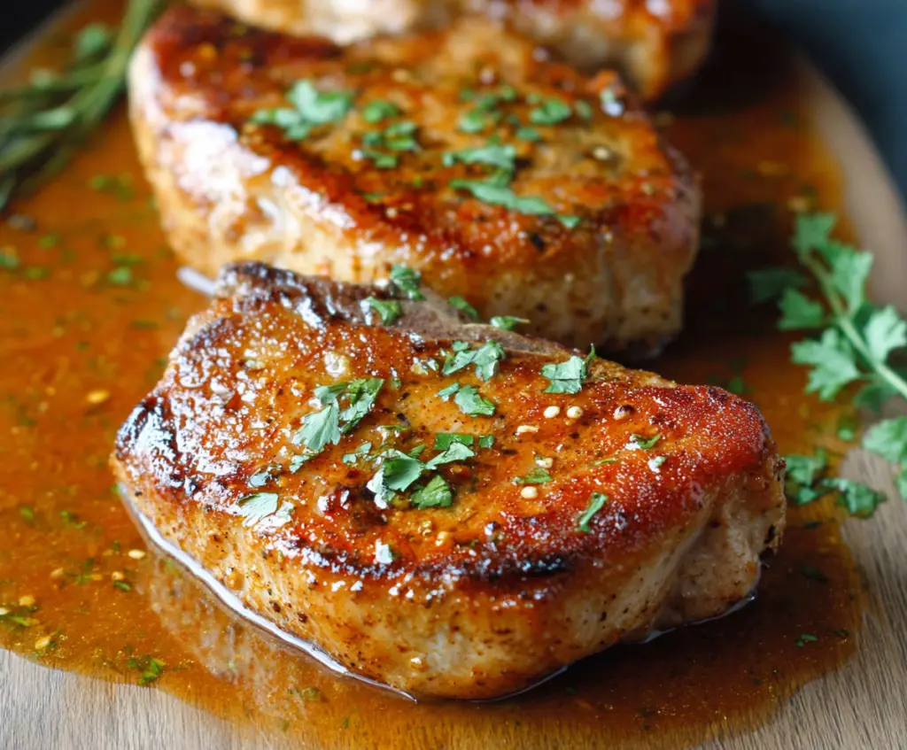 Delicious Juicy Pan Seared Pork Chops served with fresh vegetables on a rustic plate.
