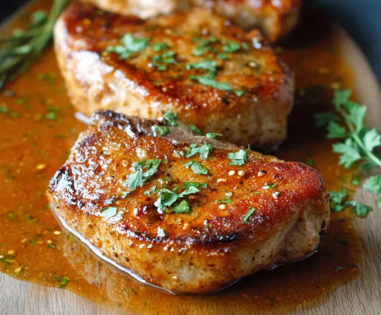 Delicious Juicy Pan Seared Pork Chops served with fresh vegetables on a rustic plate.