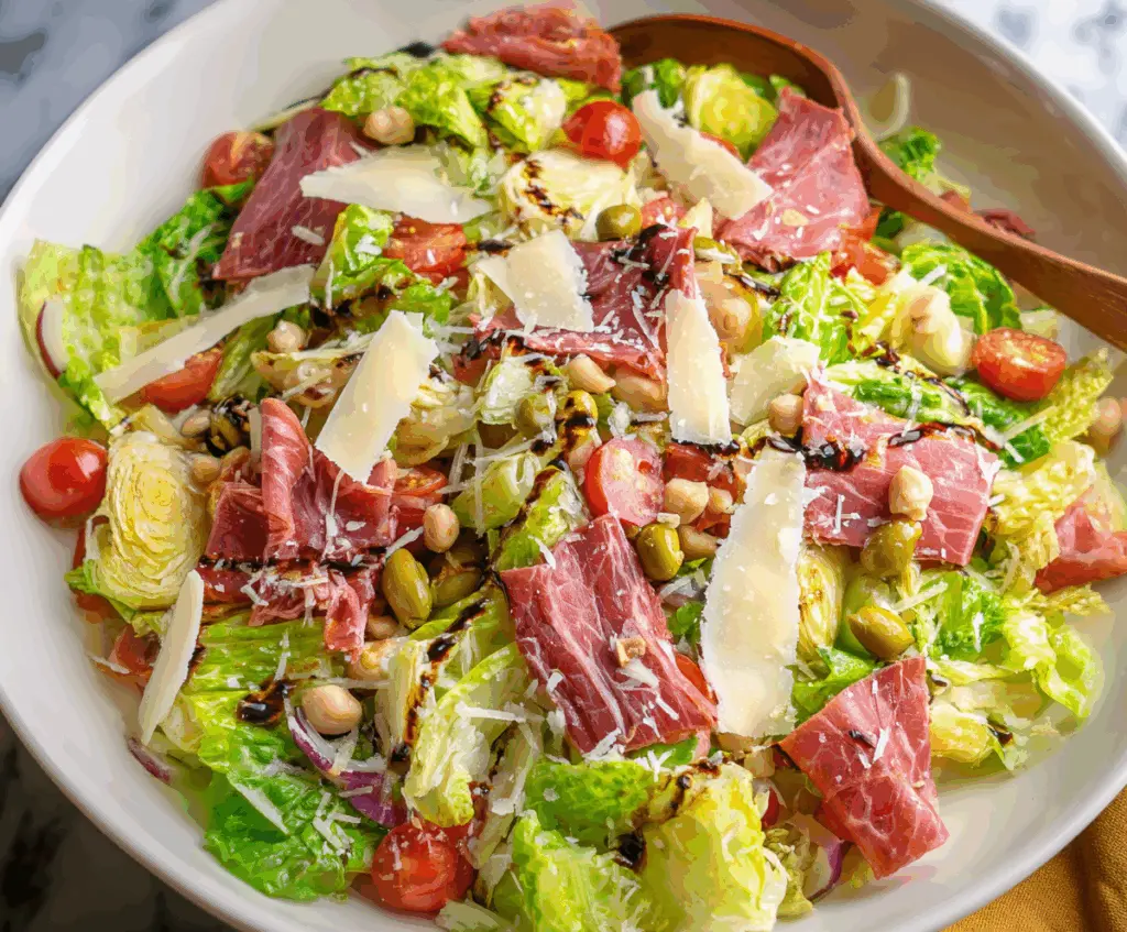 Colorful La Scala Chopped Salad with fresh vegetables and herbs on a white plate.