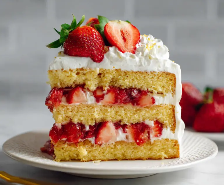 Delicious layered strawberry shortcake cake with fresh strawberries and whipped cream