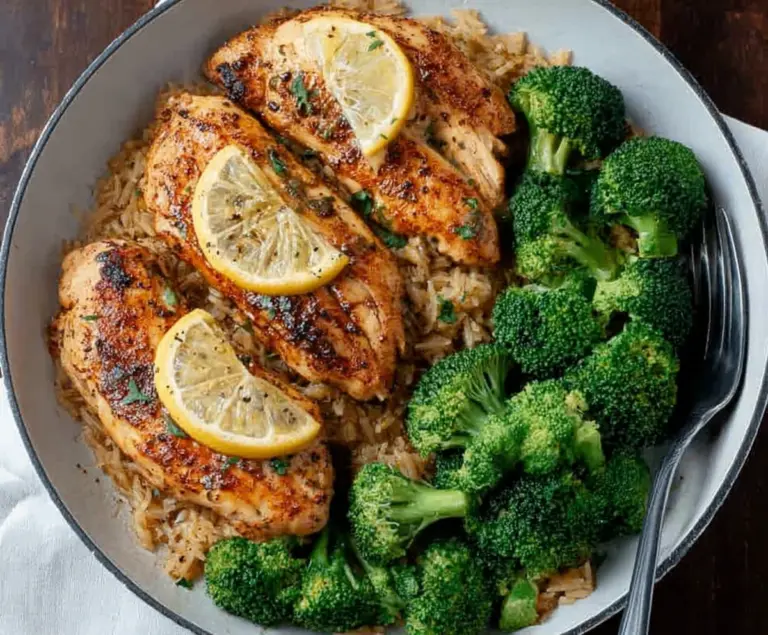 Delicious Lemon Garlic Chicken with Broccoli on a plate, garnished with fresh lemon slices