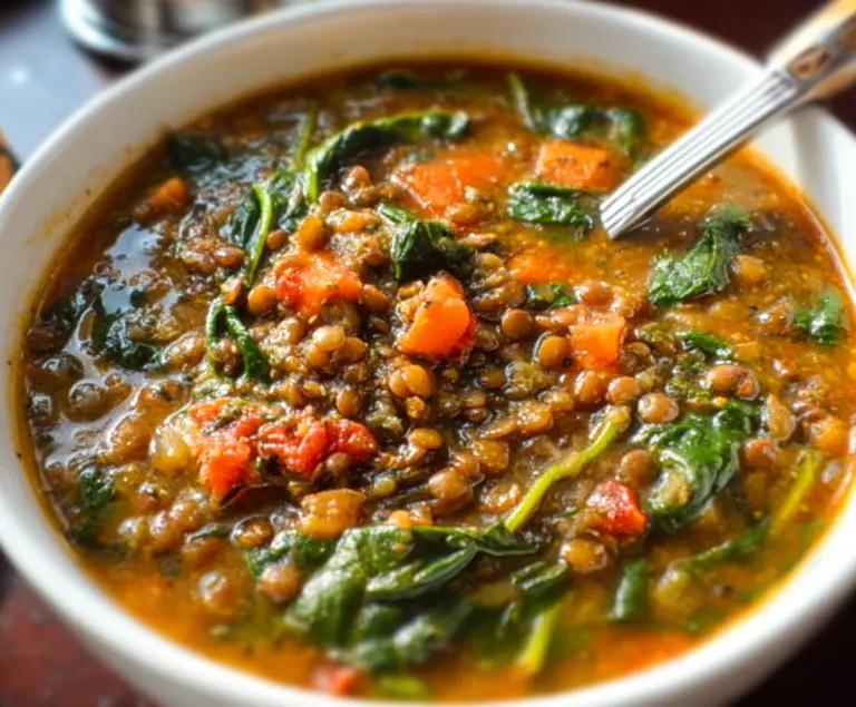 A warm bowl of lentil and spinach soup garnished with herbs, showcasing a healthy and hearty vegetarian dish.
