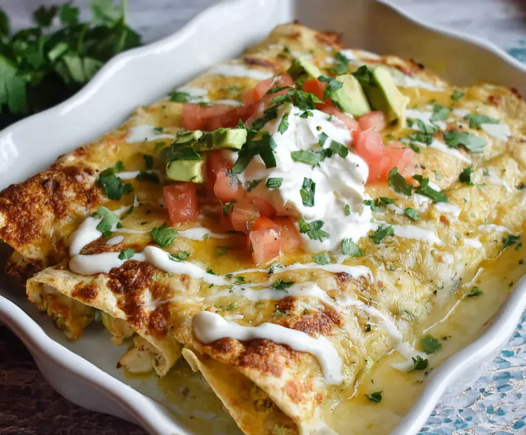Delicious low carb white chicken enchiladas with creamy sauce and cheese on a plate.