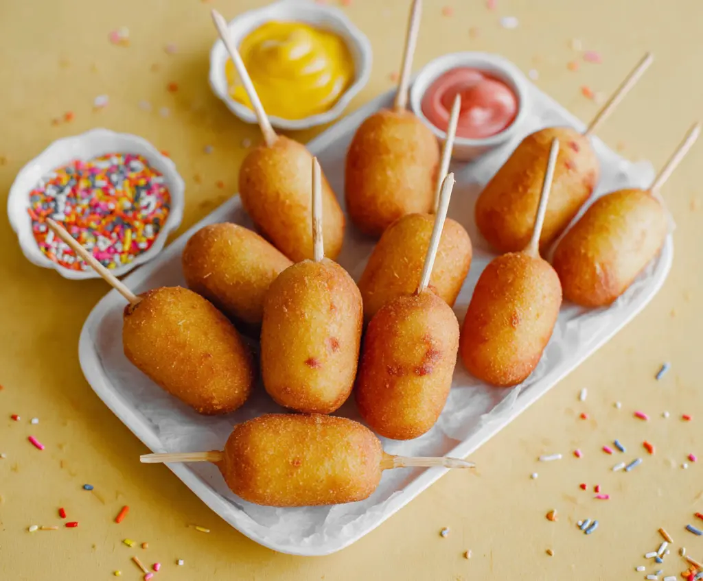 Delicious mini corn dogs with crispy golden batter served on a paper plate
