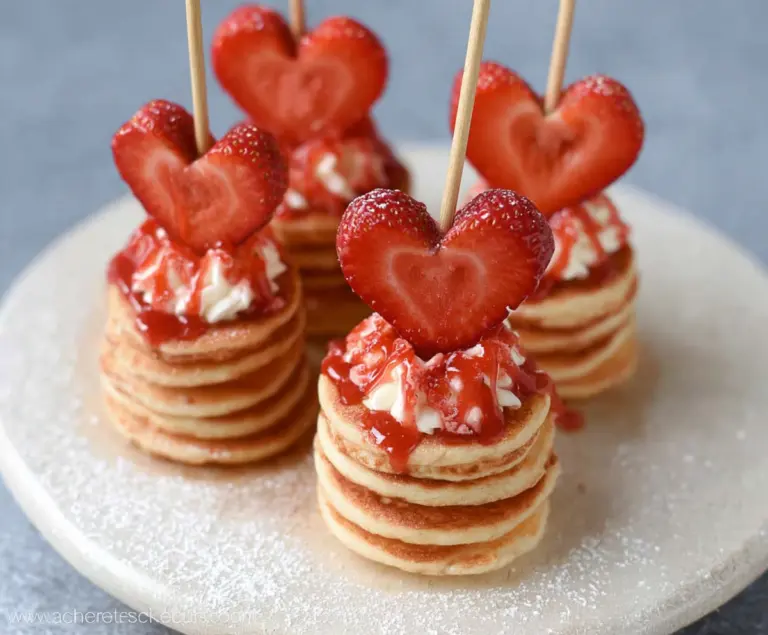Delicious mini heart-shaped pancake stacks for a cute breakfast treat.