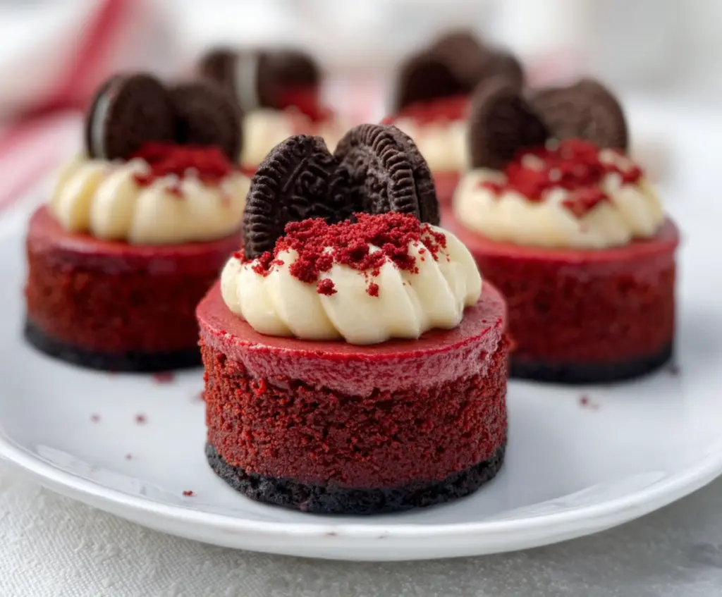 Delicious Mini Red Velvet Cheesecake with cream cheese frosting on a decorative plate.