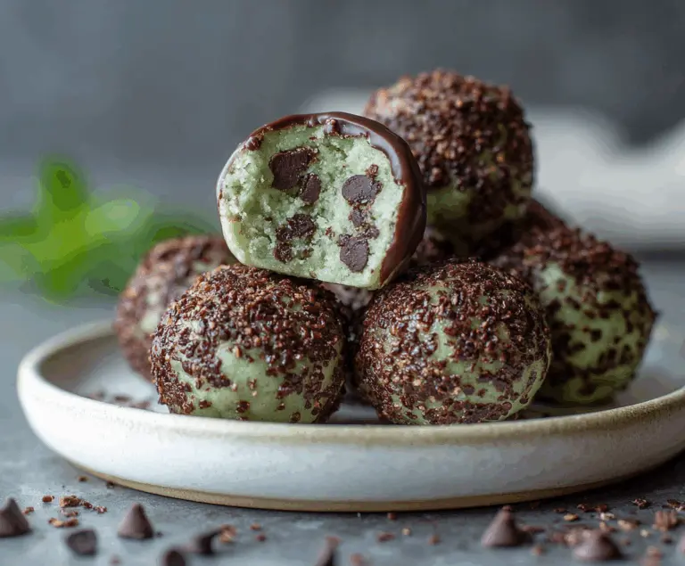 Healthy Mint Chocolate Chip Protein Balls on a white plate with fresh mint leaves.