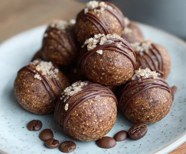Delicious Mocha Espresso Protein Balls on a plate, perfect for a healthy snack or dessert option.