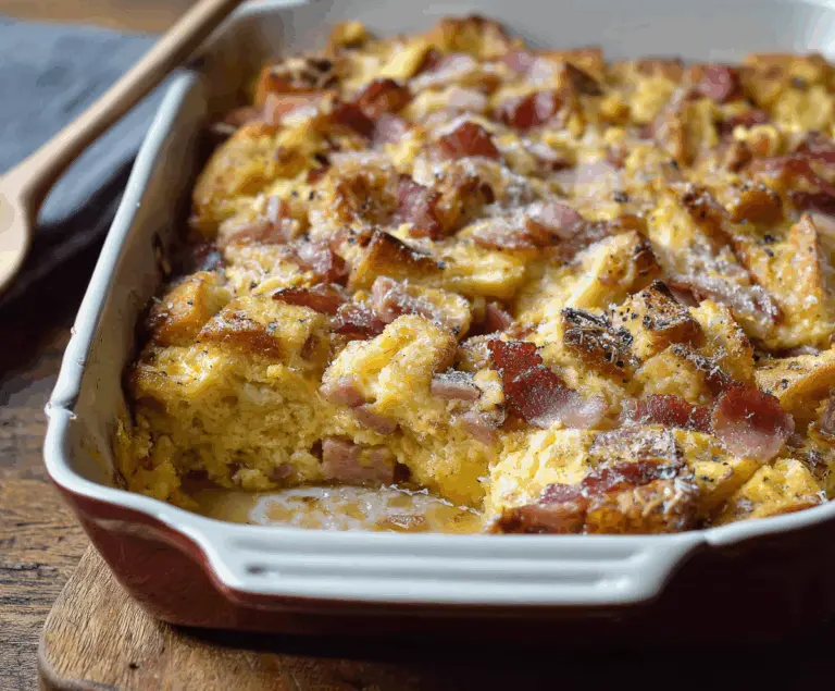 Delicious Monte Cristo Breakfast Casserole with eggs, cheese, and ham in a baked dish.