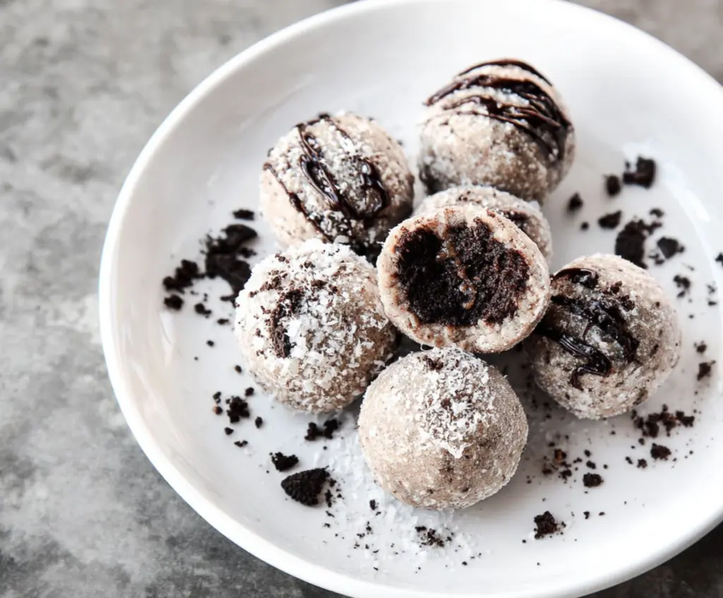 Healthy homemade Oreo protein balls with oats and chocolate for a nutritious snack.