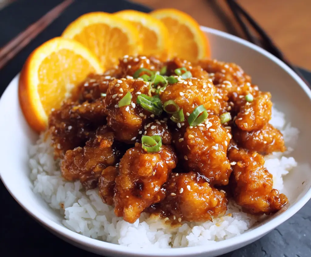 Delicious orange chicken served with fresh orange slices on a white plate.