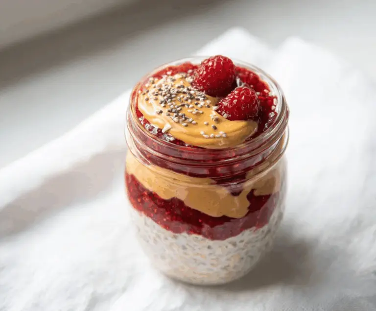 Delicious peanut butter and jelly overnight oats in a glass jar, topped with fresh fruit for a nutritious breakfast.