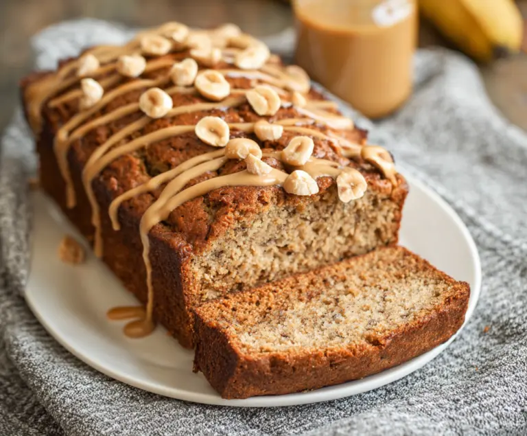 Delicious homemade peanut butter banana bread fresh out of the oven with golden crust and soft interior.