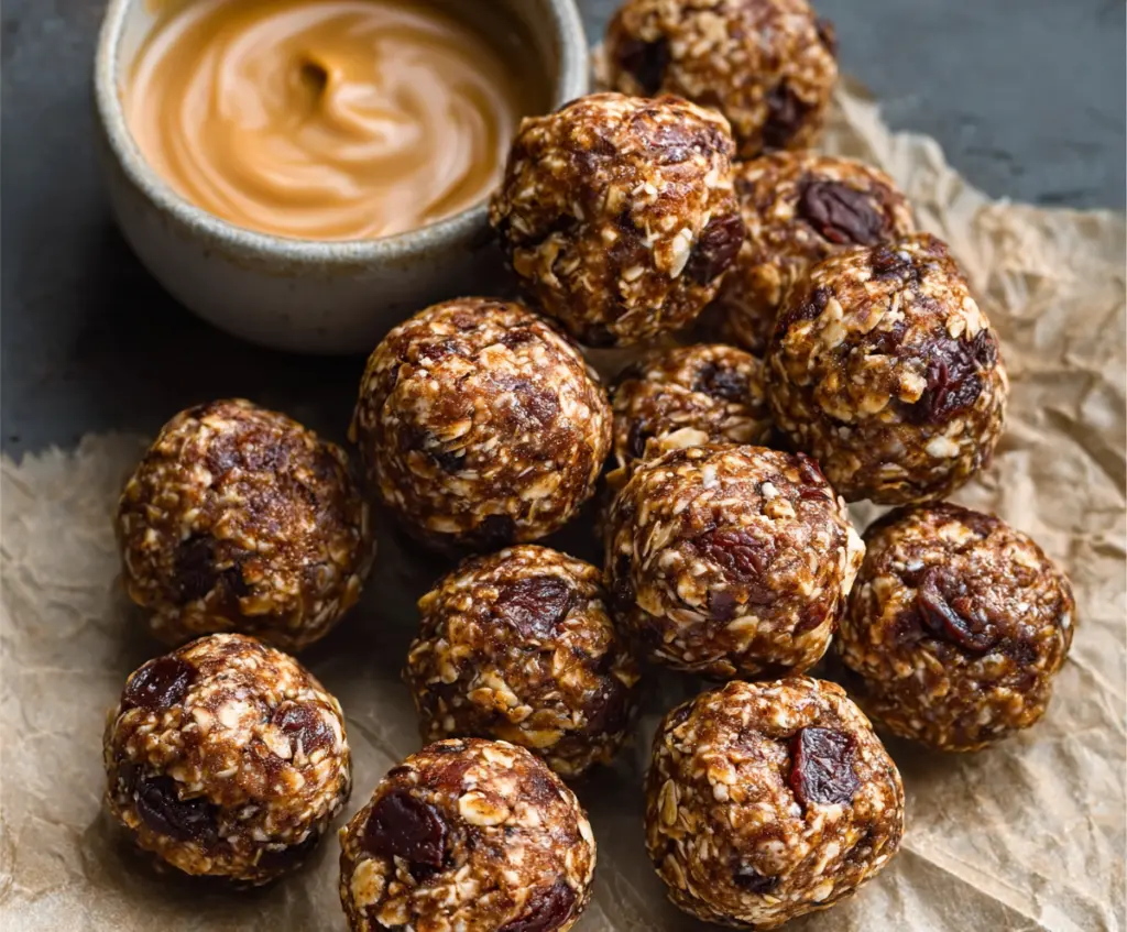Healthy homemade peanut butter banana protein balls on a white plate, perfect for a nutritious snack.
