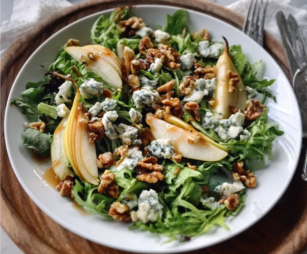Fresh Pear and Gorgonzola Salad topped with crunchy candied walnuts served on a white plate.