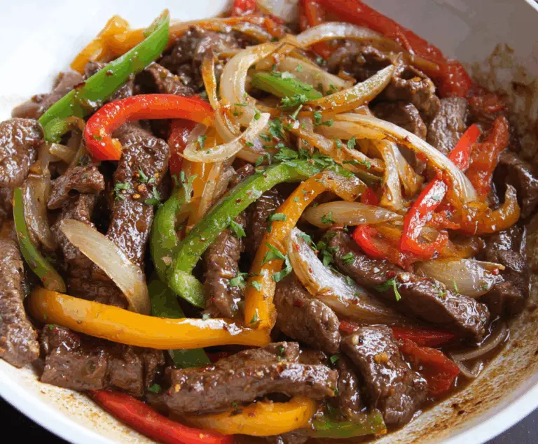 Delicious pepper steak with colorful bell peppers and onions on a serving plate.