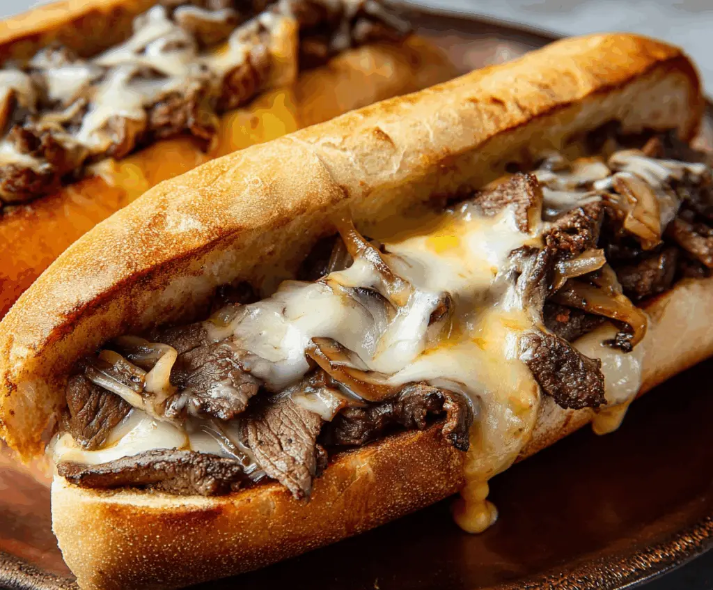 Delicious Philly Cheesesteak sandwich with melted cheese and tender steak in a toasted hoagie bun