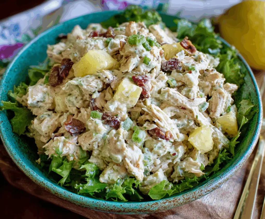 Fresh pineapple and tender chicken salad with colorful vegetables in a clear glass bowl ready to serve.