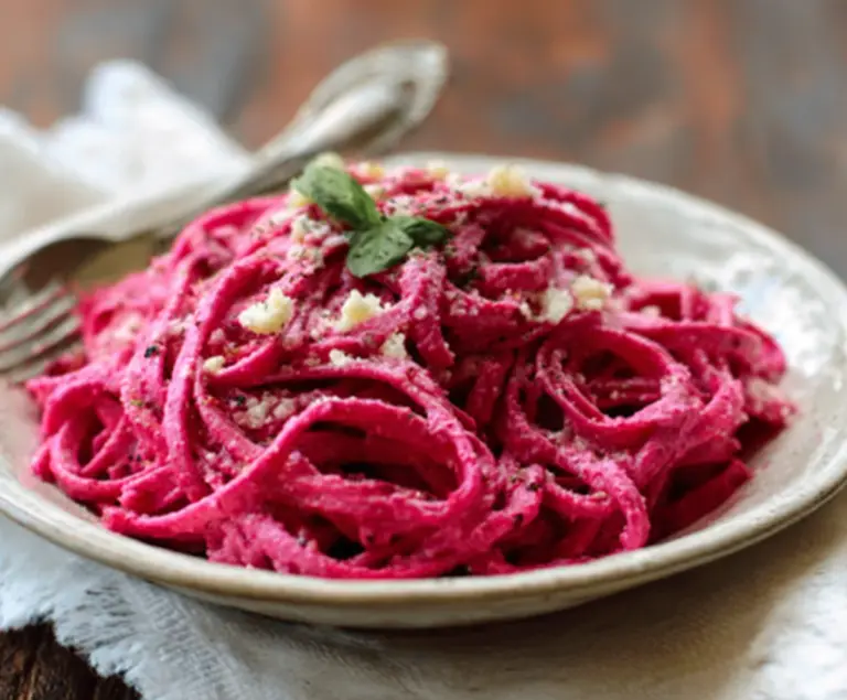 Delicious pink pasta topped with creamy beet sauce, perfect for a vibrant vegetarian meal.