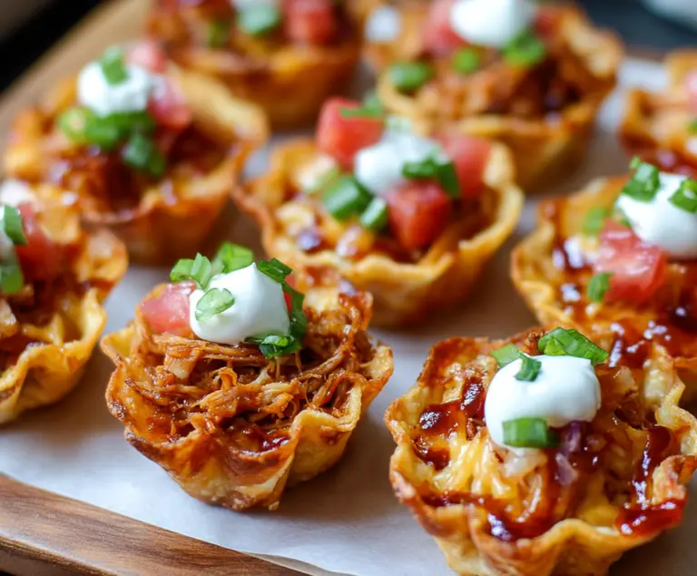 Delicious pulled pork nacho cups topped with melted cheese and fresh toppings, perfect for snack or party appetizer.