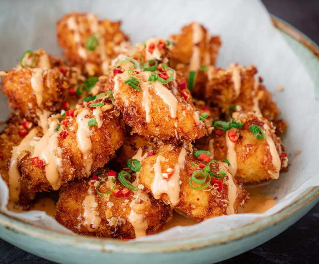 Crispy air fryer bang bang chicken served with a side of fresh vegetables.