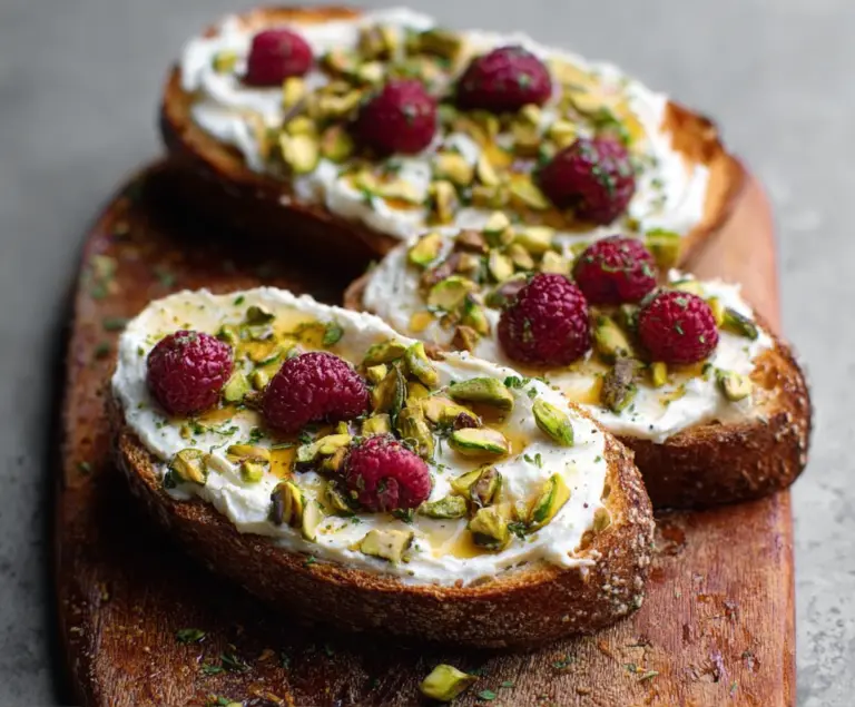 Delicious Raspberry Ricotta Toasts topped with honey and chopped pistachios served on a rustic plate.