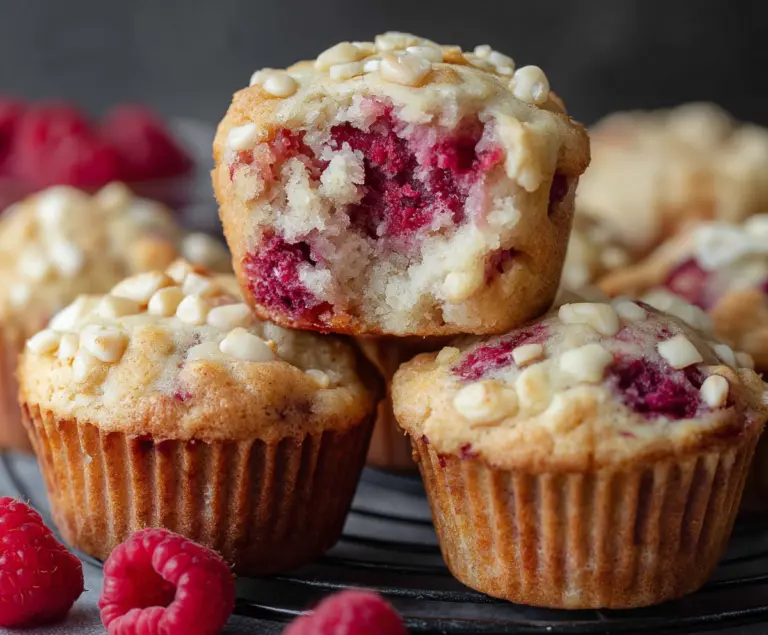 Delicious raspberry white chocolate muffins fresh out of the oven, featuring vibrant red berries and creamy white chocolate chunks.
