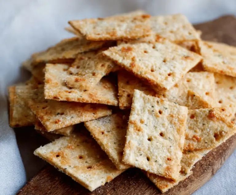 Crispy homemade sourdough discard crackers served on a rustic wooden board.