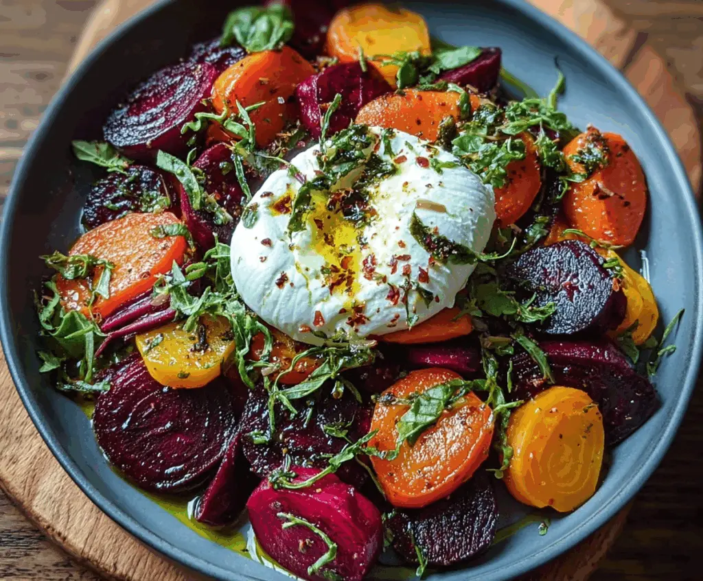 Colorful roasted beets and carrots salad topped with creamy burrata cheese, perfect for a healthy vegetarian meal.