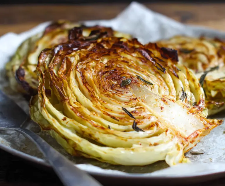 Delicious roasted cabbage steaks garnished with herbs on a baking tray