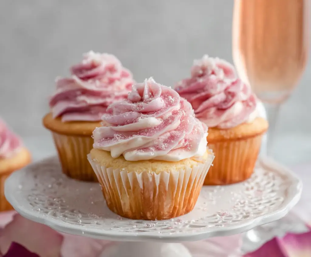 Delicious Rose Champagne Cupcakes topped with pink frosting and edible rose petals, perfect for celebrations.