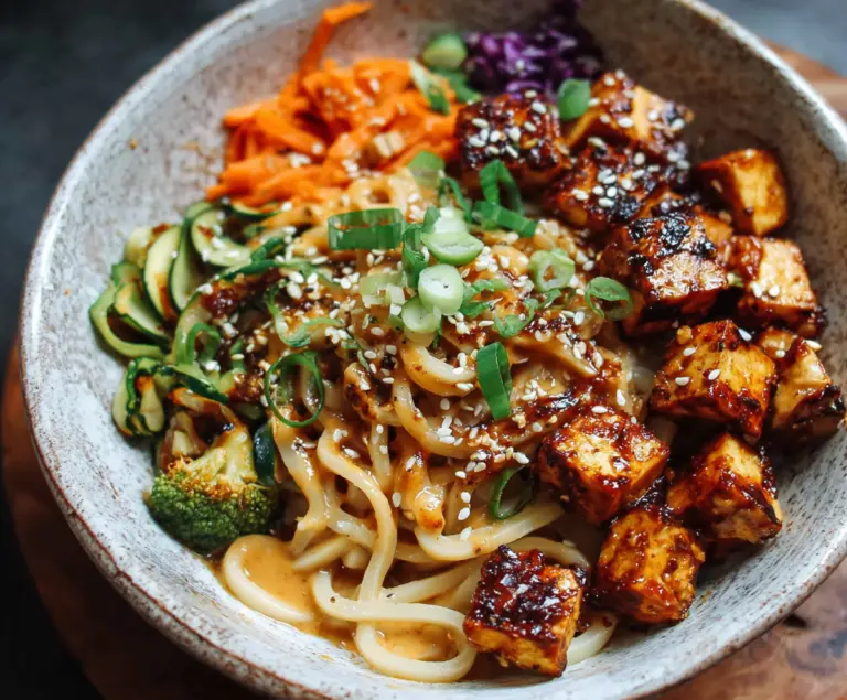Delicious Sesame Noodle Tofu Bowls with fresh vegetables and flavorful sauce.