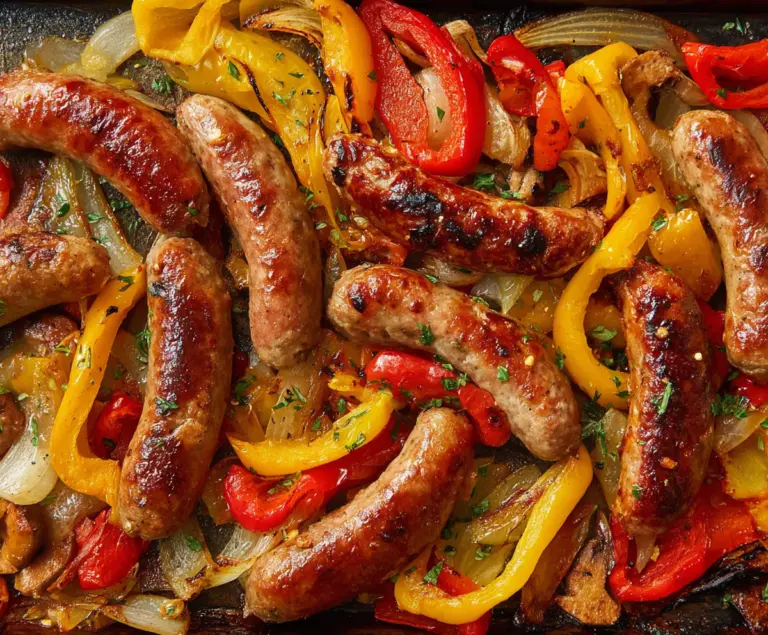 Delicious sheet pan sausage with colorful peppers and onions for a quick and easy dinner.