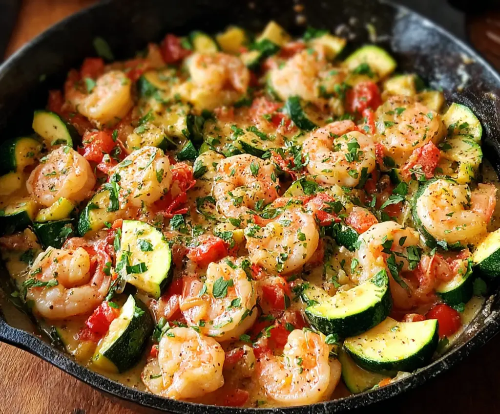 Delicious shrimp and zucchini skillet dish with vibrant colors and fresh ingredients.